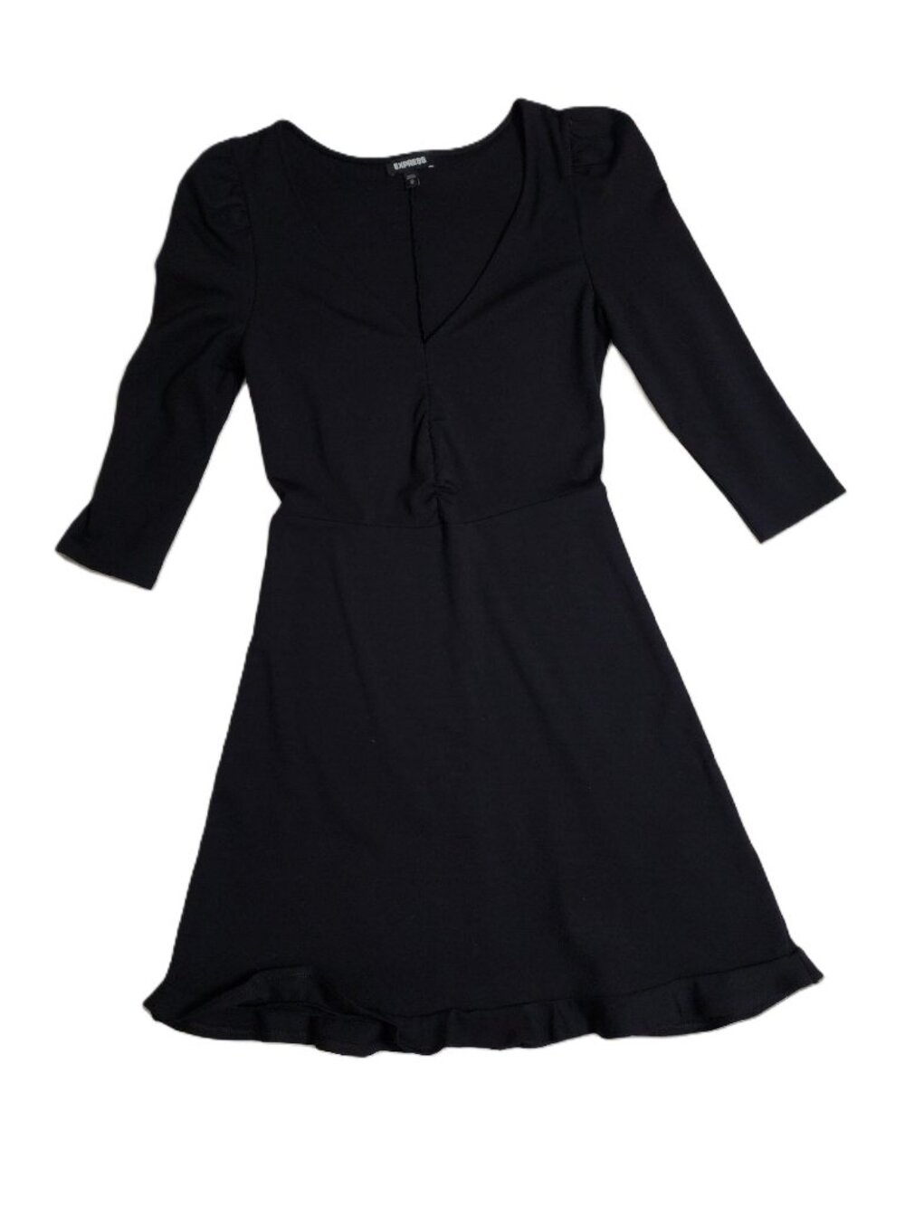 NWOT Express Fit & Flare Black V-Neck 3/4 Puff Sleeve w/Ruffle Hem Dress Size XS